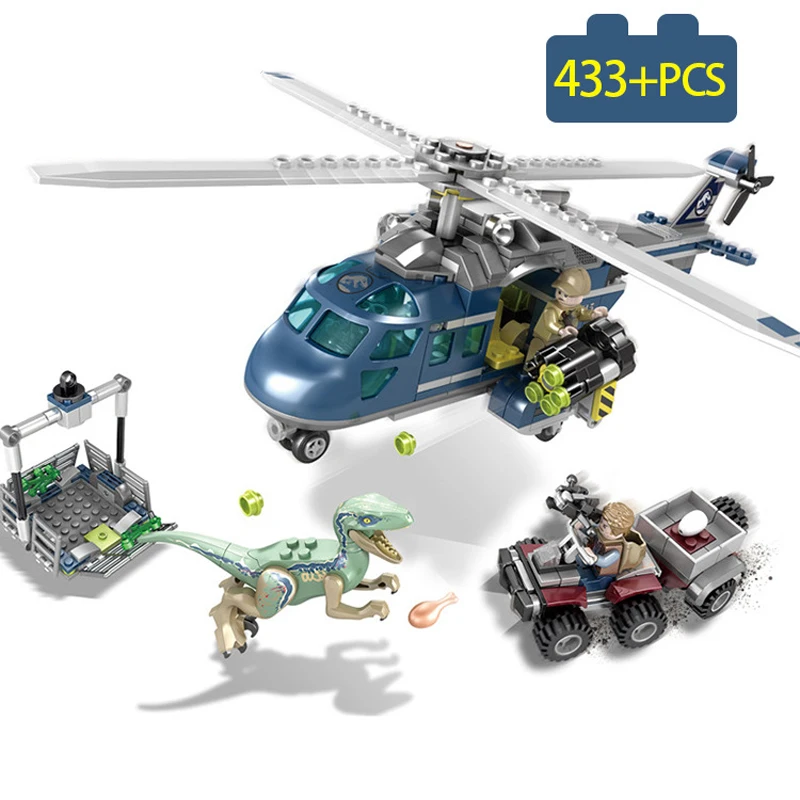 

443pcs Dinosaur Park Helicopter Tracking Raptor Bruce Compatible Legoings jurassic world Children's educational building blocks