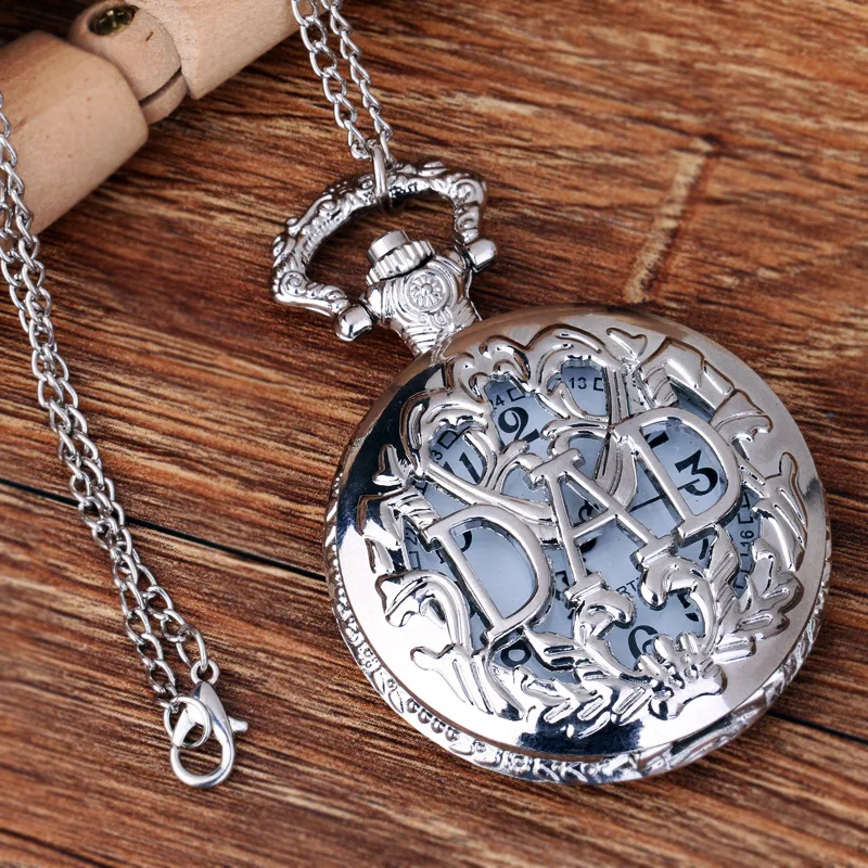 Pocket & Fob Watch Silver DAD Quartz Pocket Watch Necklace Pendant for Father's Day Gift Pocket & Fob Watch Silver DAD Quartz Pocket Watch Necklace Pendant for Father's Day Gift