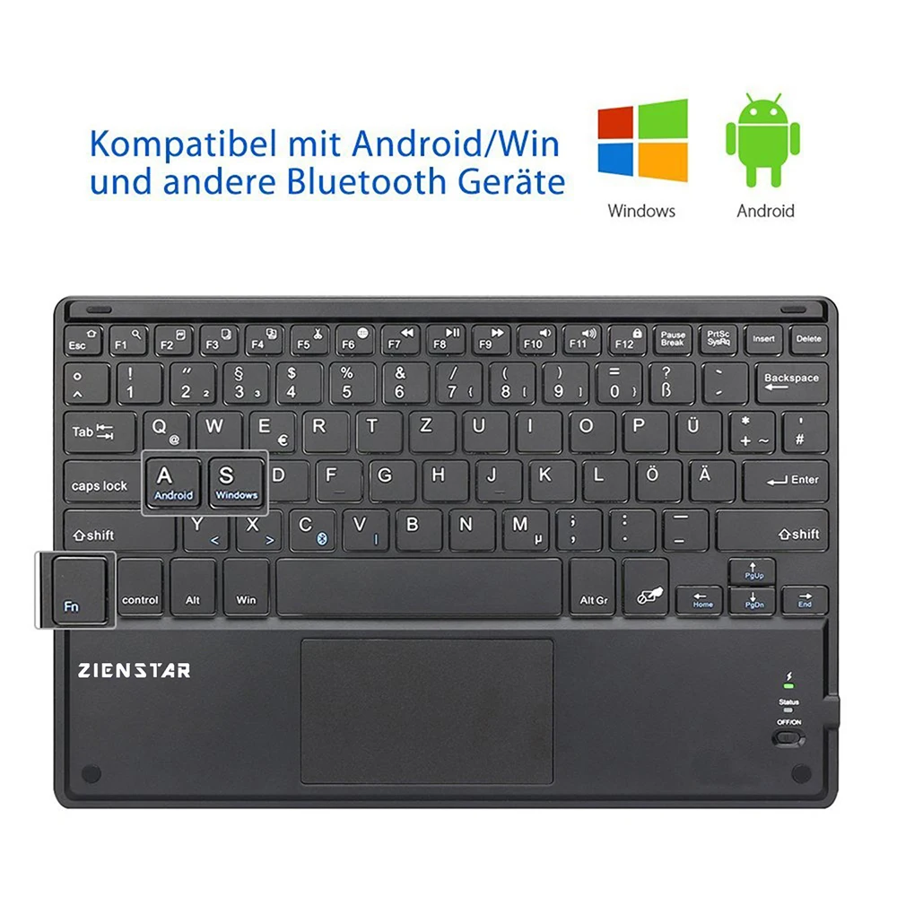 Zienstar 10 дюймов Беспроводная Bluetooth клавиатура с тачпадом для Ipad/ПК компьютера/samsung Tab/планшета, QWERTZ немецкая буква