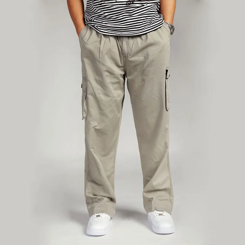 Летние тонкие мужские брюки-карго, повседневные мужские брюки с эластичным поясом и карманами, хлопковые брюки, мужские Длинные Мешковатые брюки большого размера 6XL - Цвет: Light gray