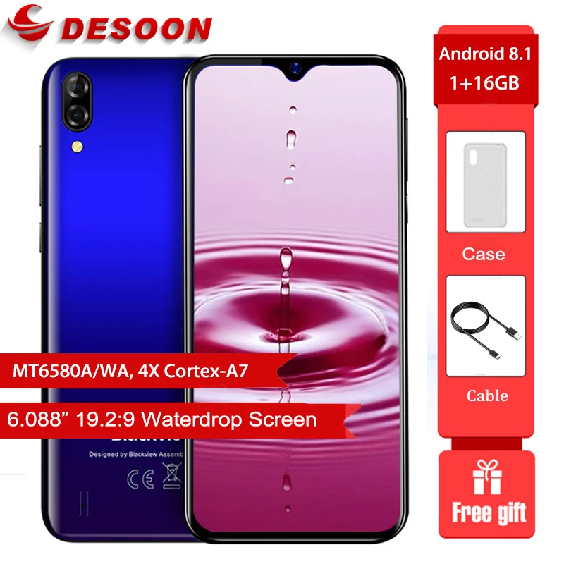 

New arrival Blackview A60 Smartphone 4080mAh battery 19.2:9 6.088 inch 1GB RAM 16GB ROM Mobile phone 13MP+5MP camera