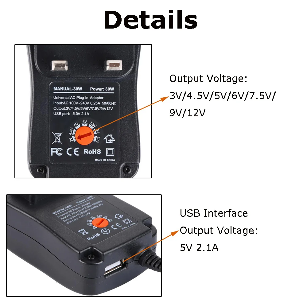 Универсальный адаптер AC DC трансформатор 4,5 V 3V 6V 7,5 V 9V регулируемое напряжение 12V источник питания 5V 30W Регулируемый адаптер питания USB