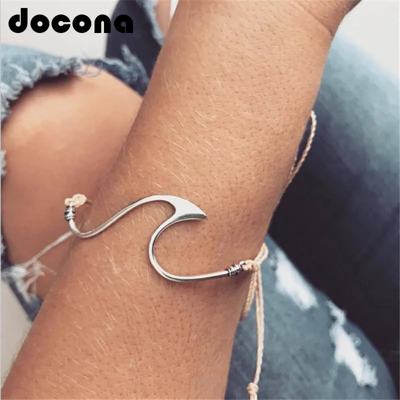 

docona Bohemian Wave Brown Rope Adjustable Bracelet for Women Metal Silver Surfer Bracelets Bangle Set Party Jewelry 5505