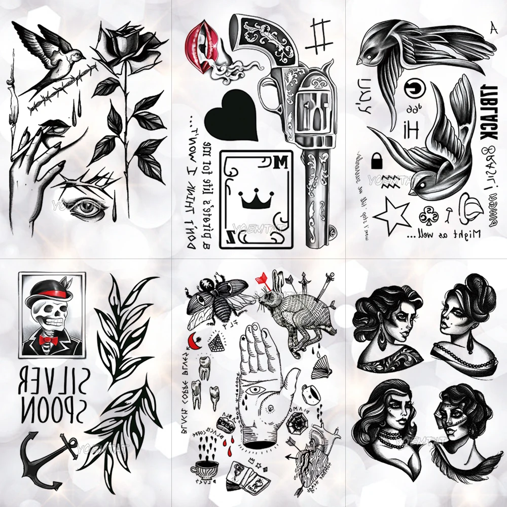 

Old School Gun Poker Black Heart Waterproof Temporary Tattoo Sticker Swallow Skull Flash Tattoos Body Art Arm Fake Tatoo Men
