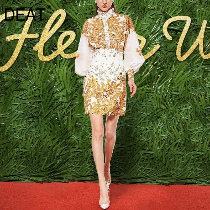 

DEAT 2019 New Turtleneck Collar Lantern Sleeves Embroidery Printed Single Breasted Shirt And High Waist A-line Skirt Set WG97408