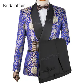 

Wonderful New Design Custom Made Groom Tuxedo Royal Blue Floral Printed Men Suit For Wedding Mens Suits 2Pcs(Jacket+Black Pants)
