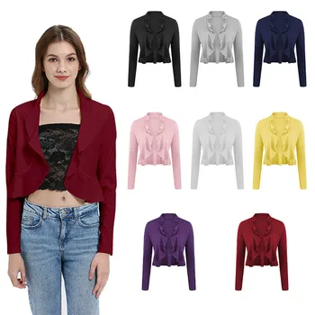 

Women Short Jacket Solid Ruffled Collar Long Sleeve Open Stitch Female Jackets Autumn Coat Female Biker Outwear Tops Clothes Top