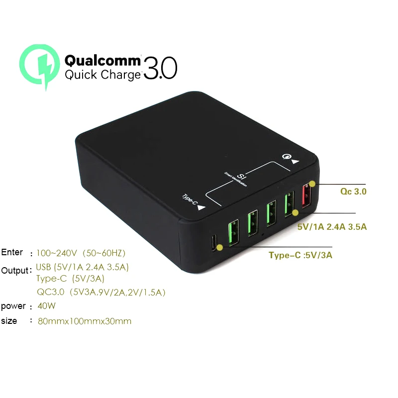 

5V 9V 12V 40W QC3.0 5 Port Charger Rotating Splitter Adapter for Phone PC Digital Camera LSMK99