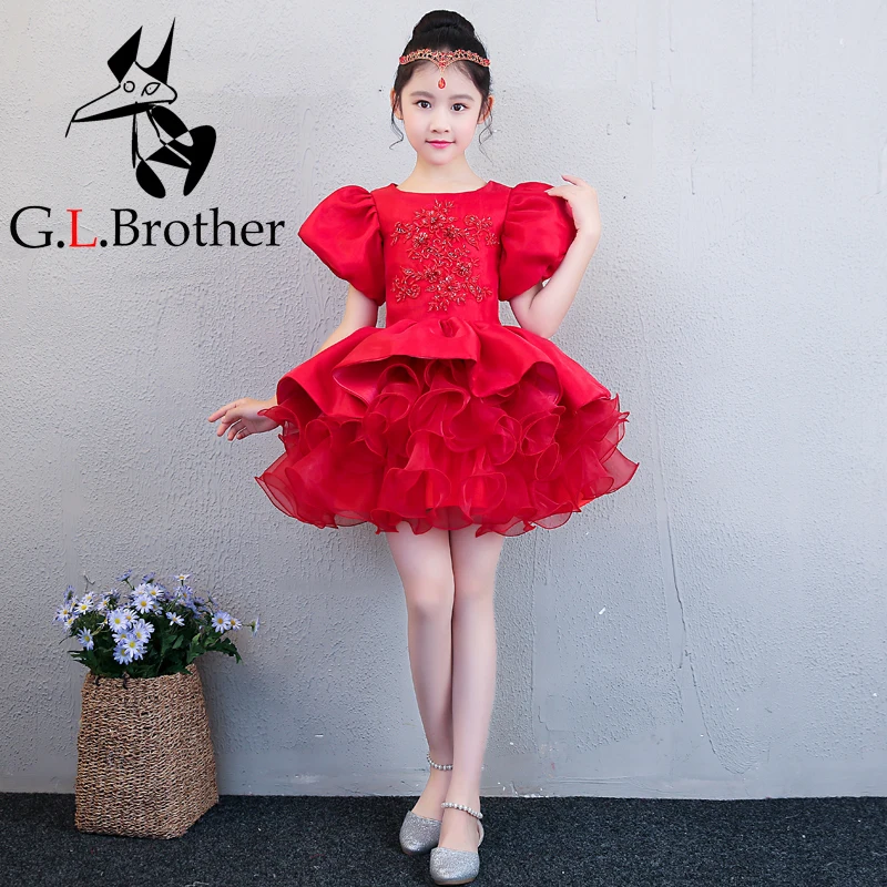 Luxury Red Flower Girl Dress Wedding Birthday Party Dresses For Girls Kids Prom Gowns Beading Ball Gown Children Party Dress A34 children prom clothes princess flower girl dress baby kids party wear gowns blue and white wedding party dress girls