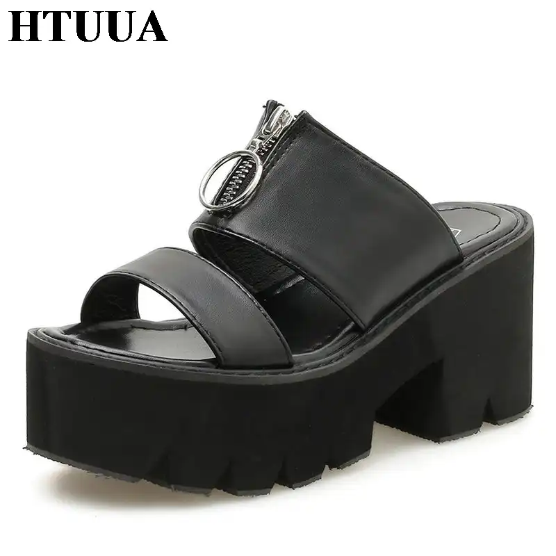 black leather platform slides