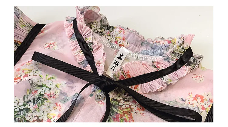 Korobov новая Корейская элегантная женская блузка с оборками на шнуровке с бантом с длинным рукавом с цветочным принтом рубашки на одной пуговице шифоновые Блузы 77781