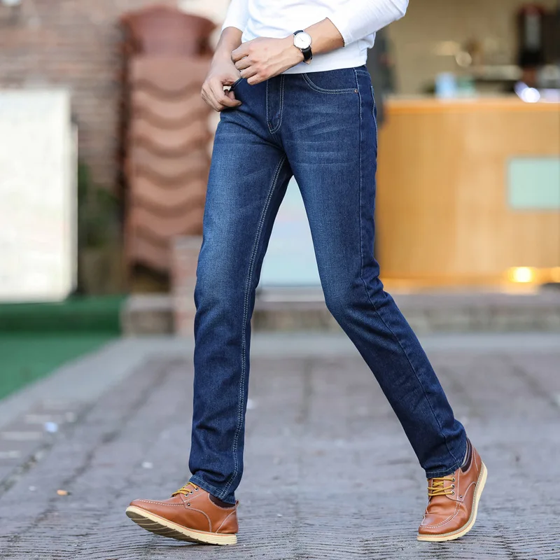

Men's Slim Jeans Mid-rise Large Size Straight Full Length Smart Casual Pants Zipper fly Pleated Classic Trousers