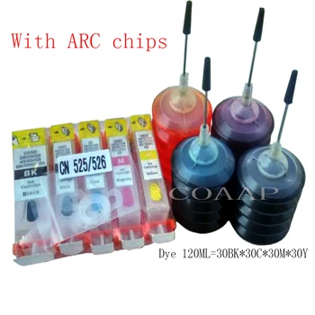 

5pcs Refillable canon pgi 525 cli 526 Empty ink cartridge kit + 120ML Dye inks + ARC chips for Pixma iP4840 Printer