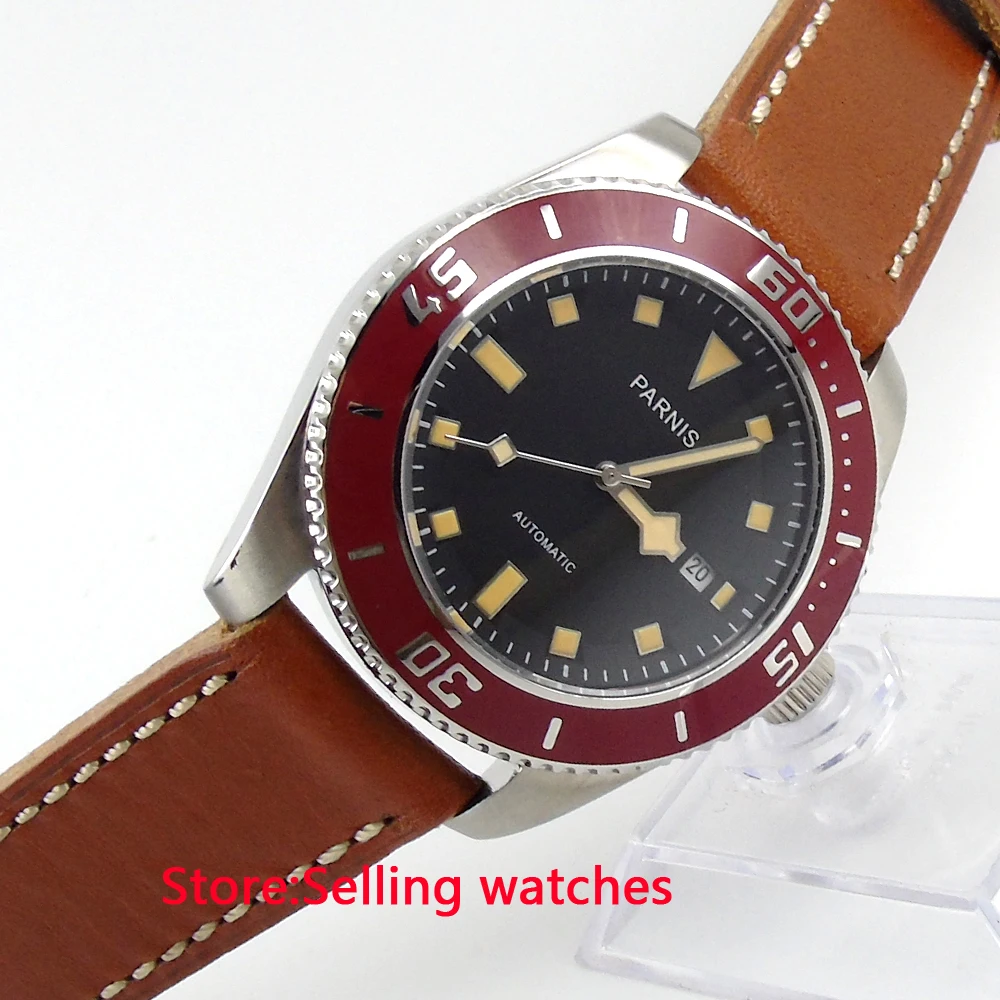 43mm Parnis Black Dial Yellow Mark Sapphire Glass Automatic Mens Watch