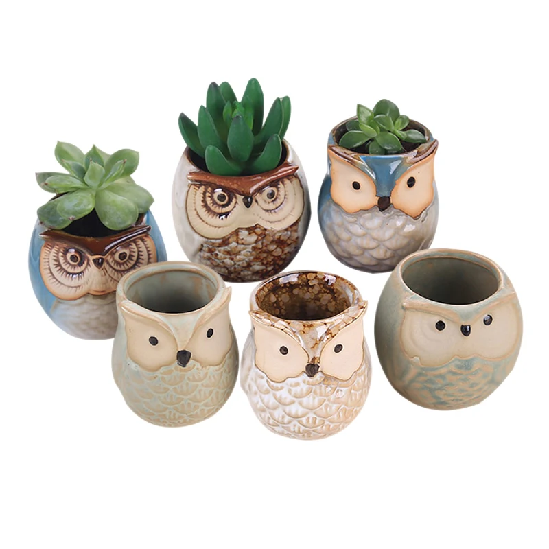 

6Pcs/Set Ceramic Owl Pot Succulent Plant Cactus Flower Pot Container Planter Bonsai Pots H99F
