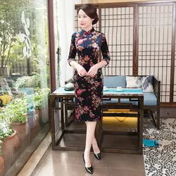 Китайский Вельветовое платье Для женщин среднего Cheongsam Размеры м до 3XL