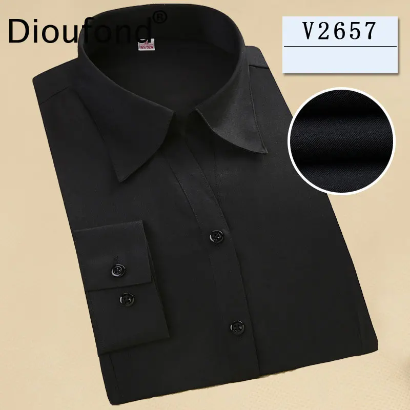 Dioufond 2018 النساء الصلبة العمل ارتداء البلوزات القطن الصلبة الأبيض السيدات مكتب قميص صالح سليم بدوره إلى أسفل طوق V الرقبة النساء قمصان