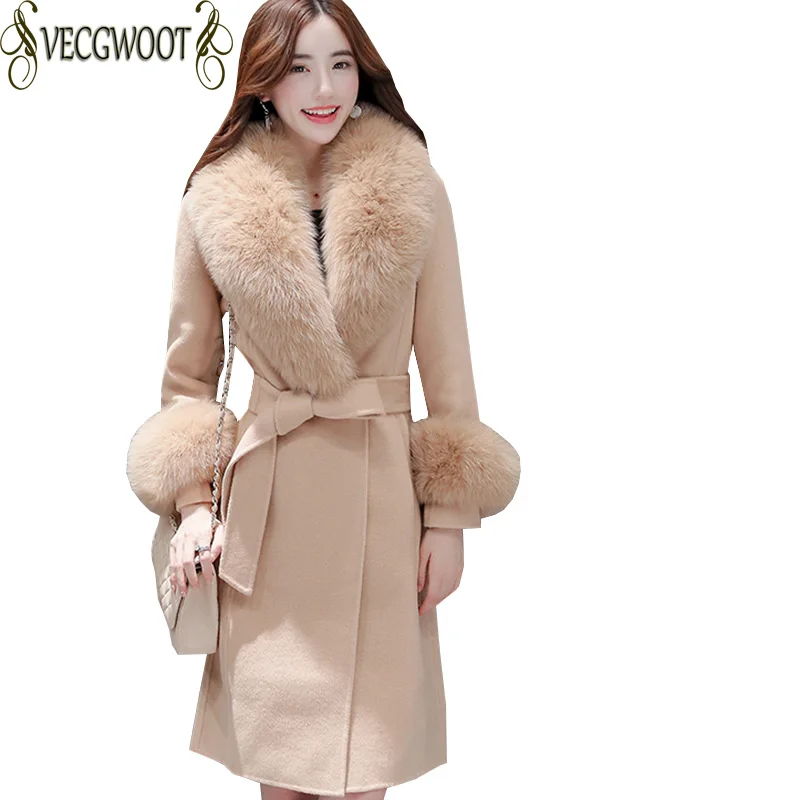 

2019 New Autumn/Winter Woolen Jacket Women Slim Belt Long Woolen Coat Women Fur collar Large size Woolen Outerwear Female X802