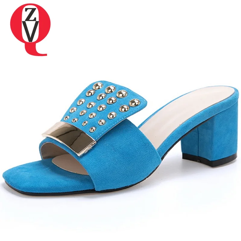 

ZVQ women fashion slippers ladies high heels open toe rivet party shoes summer new style good quality brand shoes kidsuede pumps