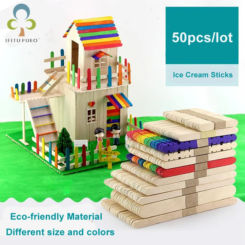 

50Pcs/lot Children's DIY Colored Ice Cream Wooden Sticks Primary Color Popsicle Tools DIY Toys for Kids GYH