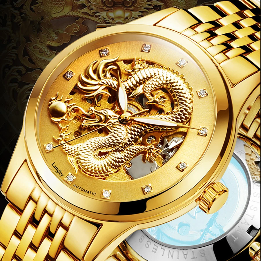 Top Brand Watches Men Automatic Watch All Stainless Steel Gold Skeleton Mechanical Watch Male Waterproof Clock Relogio Masculino