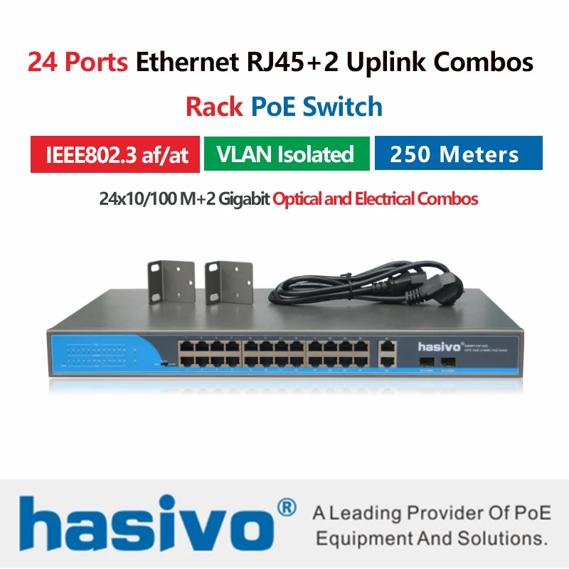 24 порта 10/100 Мбит/с PoE Ethernet коммутатор Поддержка IEEE802.3af/at с 2 портами 1000 м SFP COMBO poe 48В