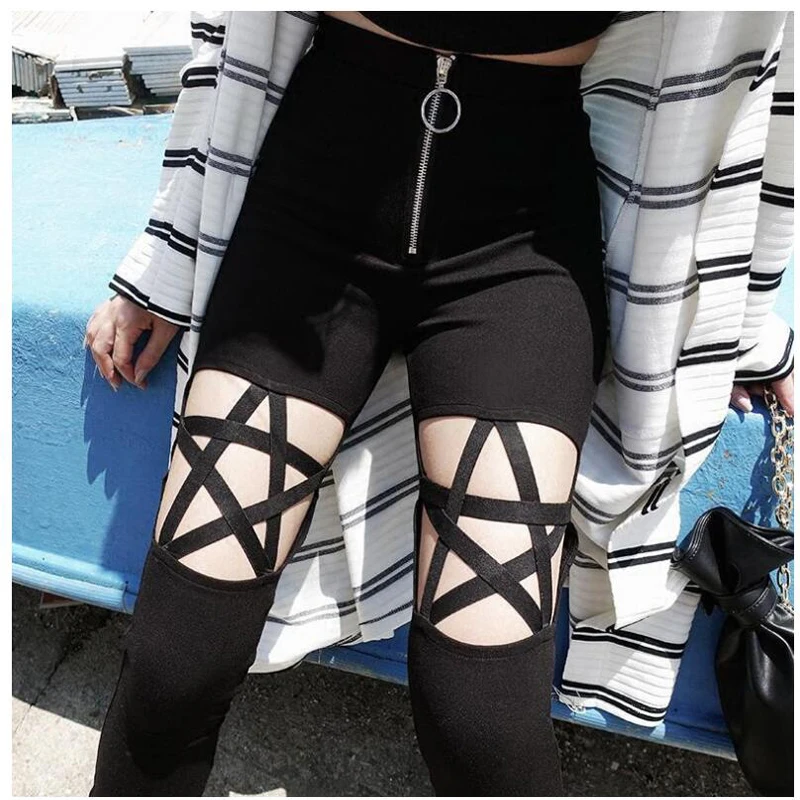 

Shikoroleva Women Leggings Pants 2019 New Fashion Sexy Punk Gothic Hollow Cross Five Star Pants Halloween Cosplay Leggings