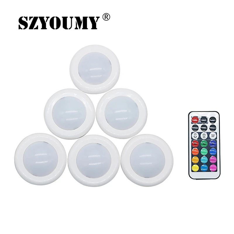 

SZYOUMY RGB 12 Colors Under Cabinet Light Dimmable LED Puck Lights Wireless Downlight Spotlights LED Kitchen Closet Light