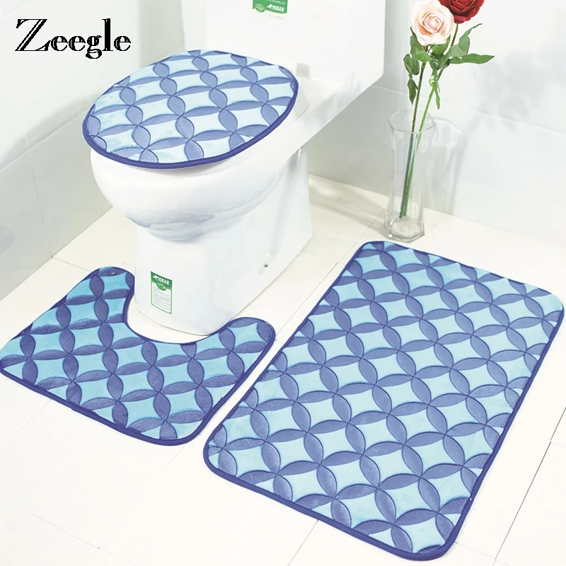 

3D Embossed 3Pcs Bathroom Mat Sets Non-slip Floor Carpet Toilet Bath Mats Cushion Toilet Seat Cover Absorbent Bathroom Carpets