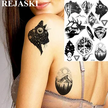 

REJASKI Galaxy Cat Planets Temporary Tattoos For Women Sticker Leopard Mountain Tree Forest Black Tatoos Art Wrist Custom Tattoo