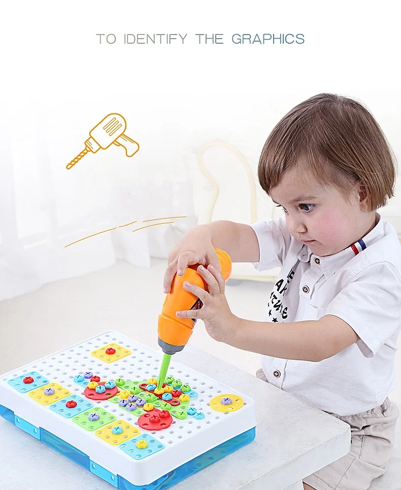 Kids Drill Toys Creative Educational Toy Electric Drill Screws Puzzle Assembled Mosaic Design Building Toys Boy Pretend Play Toy