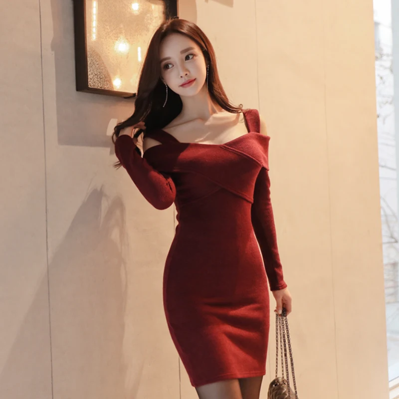 

Sexy Red Full Sleeve Strap Women Dress Autumn Cold-shoulder Slash-neck Female Mini Dress 2019 Elegant Sheath Party Vestidos