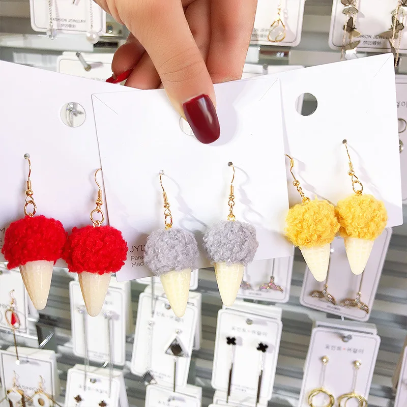 

2018 New Winter Fashion Accessories Lovely Hair Ball Earrings For Women Sweet Brinco Personality Ice Cream Shape Drop Earrings