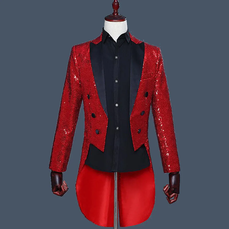 Custom Royal Blue Tailcoat  Men's Classic Suit Sequin Male Blazer Jacket Men Suit Stage Show Performance Tuxedo Prom 2 Pieces