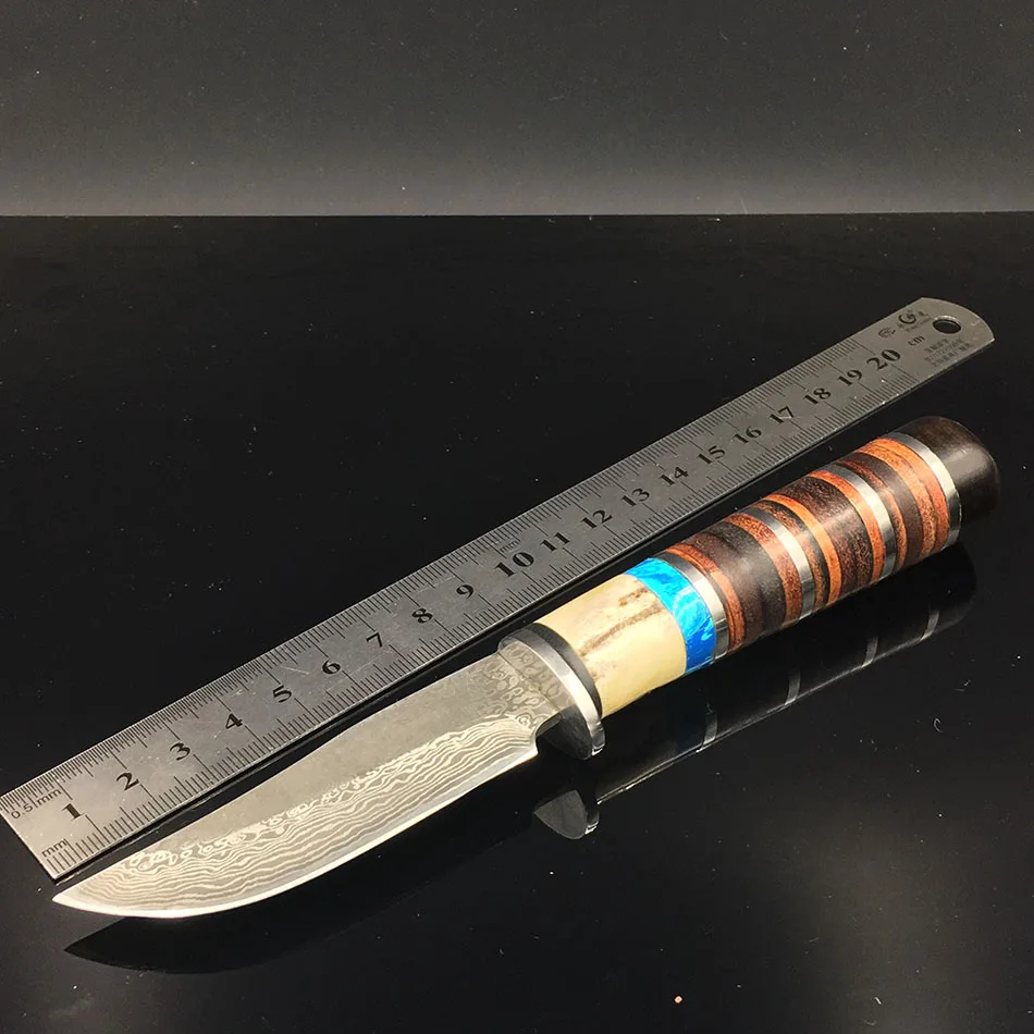 Дешевый Sharp Дамаск узор стали Охота Ножи фиксированным лезвием Ножи Ebony Ручка Тактический Ножи Открытый Отдых Выживание Ножи для шашлыков