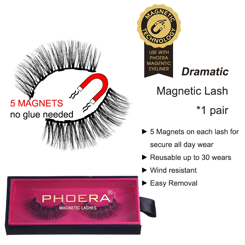 PHOERA Magnetic Eyeliner Eyelashes Kit 3D Magnet False Eyelash Reusable& Liquid Eyeliner& Brush Set Waterproof Lasting Makeup