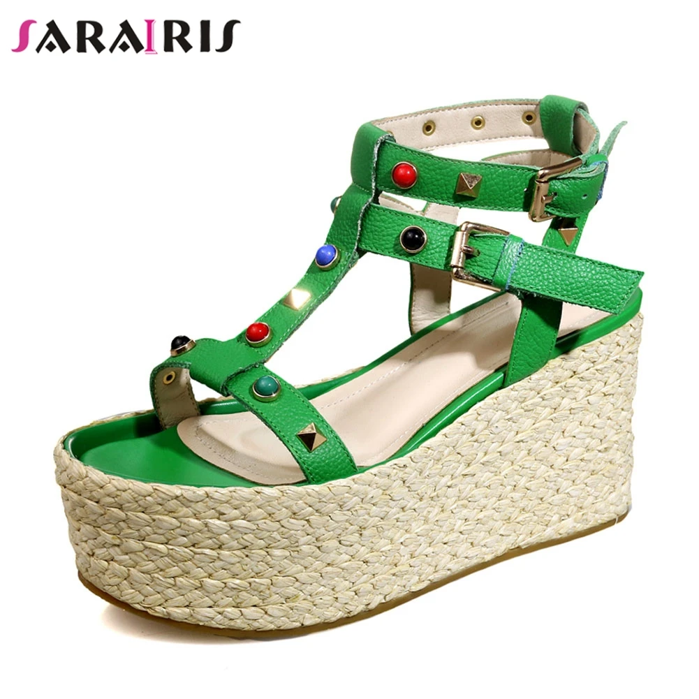 

SARAIRIS new High Quality genuine leather colorful rivets Summer Sandals Shoes bohemia style Wedge High Heels Shoes Women