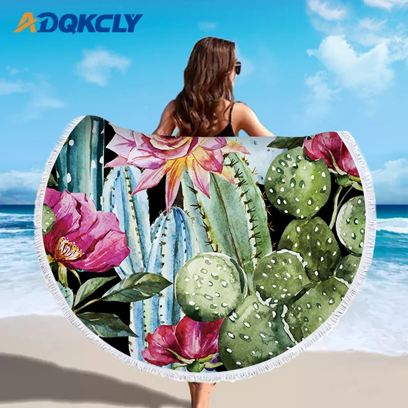 

Tropical Plants Bath Towel Microfiber Polyester Printed Cactus Large Round Beach Blanket with Tassels Bath Toalla for Beach Mats