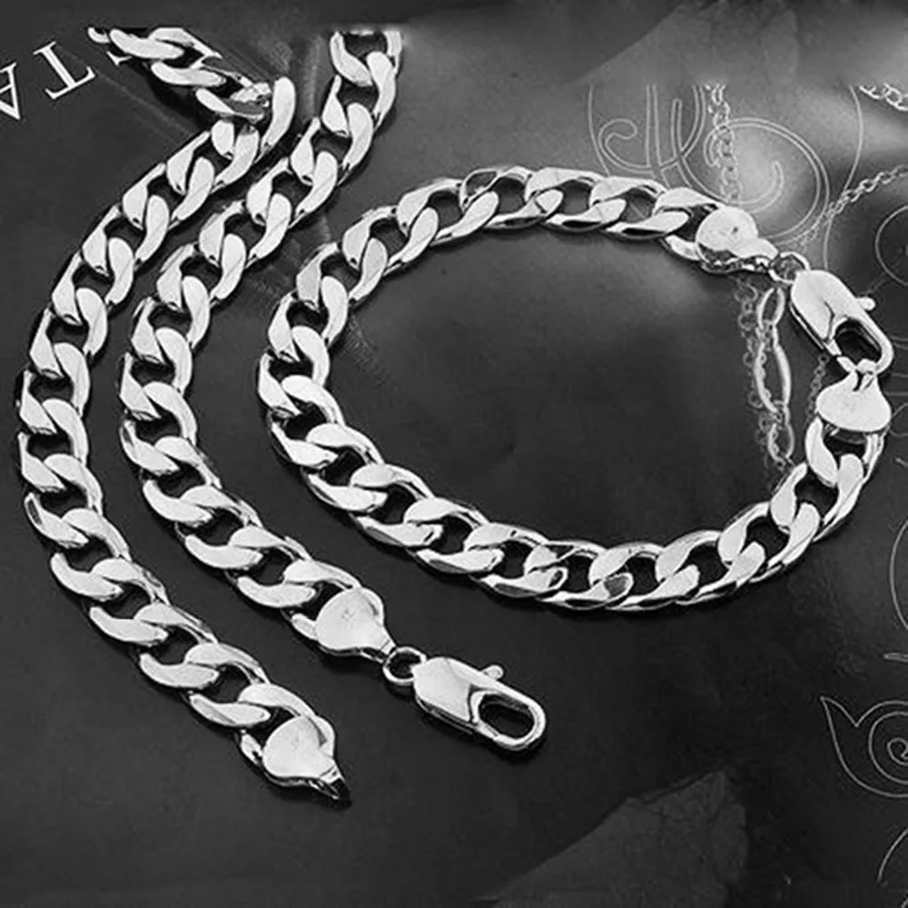 White Gold Filled 10mm Mens Bracelet + Necklace Jewelry Set Cuban Chain
