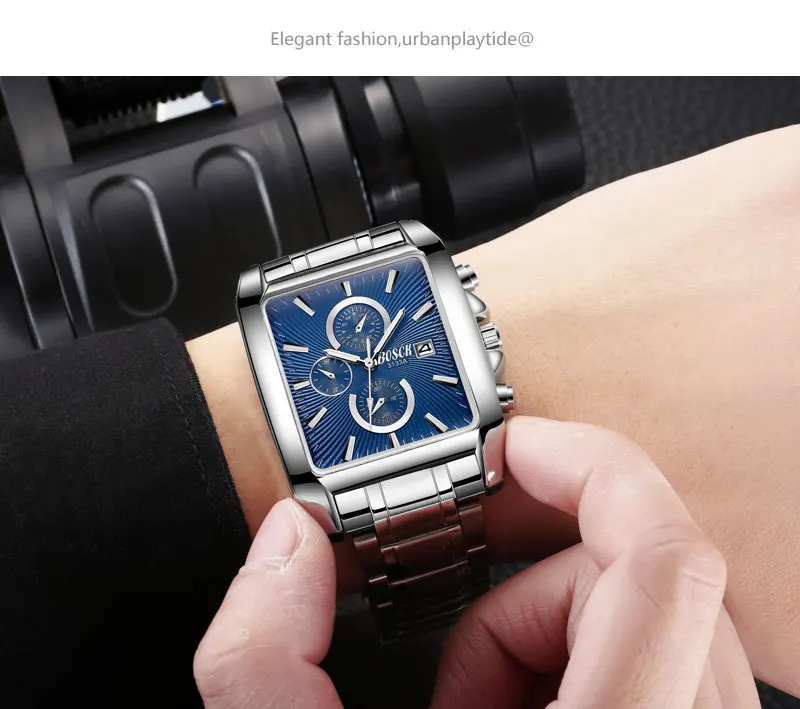 BOSCK Мужские часы Relogio Masculino бизнес квадратные кварцевые мужские часы модные полностью стальные водонепроницаемые мужские часы