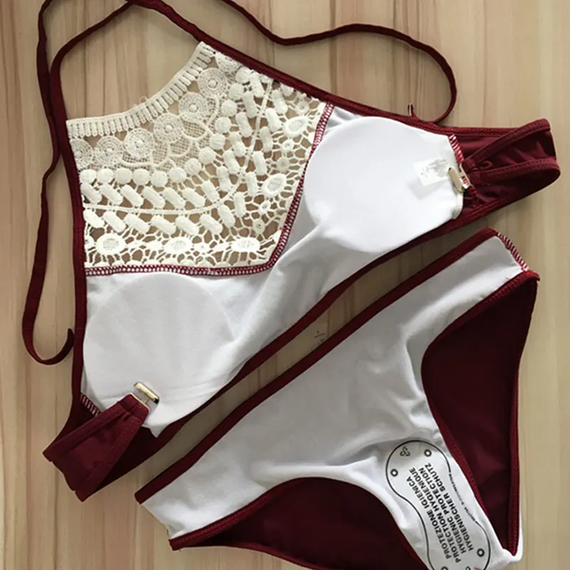 2017 Женский Кружевной укороченный купальник с высокой горловиной пляжная одежда