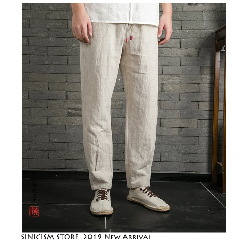 

Sinicism Store 2019 Summer Solid Lace Chinese Traditional Trousers Men Vintage Flax Kong Fu Pants for Men Retro Pants