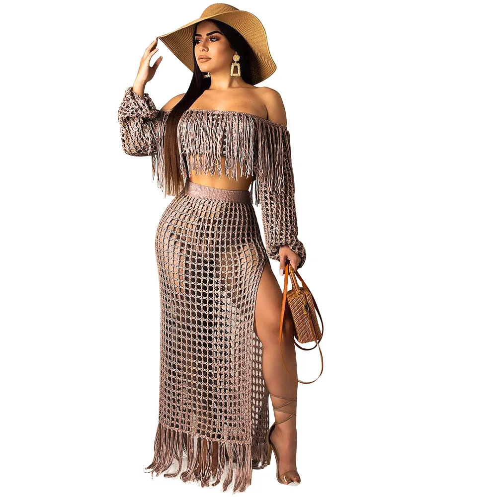 

2 Piece Women Sets Beach Sexy Slash Neck Tassels Two Piece Knit Sets Long Sleeve Crop Top And Skirt Set Summer Crochet Wear