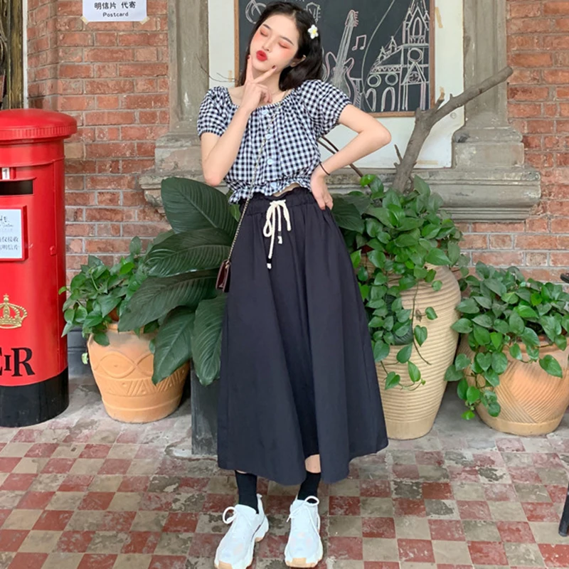 

Korean Women Crop Top High Fashion Beach Style Off Shoulder Top Plaid Slash Neck Woman Clothes Womens Tops and Blouses 2019