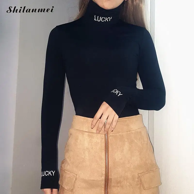 

2019 Fashion Letter Pattern Autumn Black Bodycon Jumpsuit Slim Women Sexy Short Rompers OL Sexy Long Sleeve Turtleneck Bodysuits