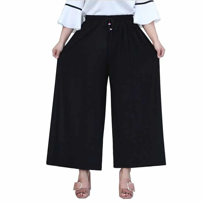

Large size Summer Women Wide leg pants Elastic waist Black Culottes Fashion Female Loose Elegant Casual Pants 100kg can be worn