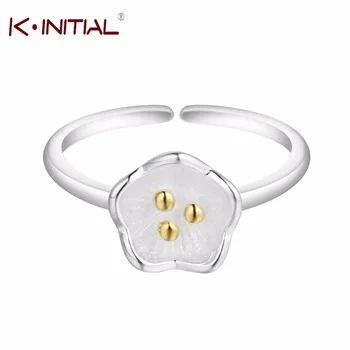 Kinitial 925 Sterling Silver Charm Flowers Finger Rings Adjustable Lotus Ring For Women Female Wedding Ring Jewelry