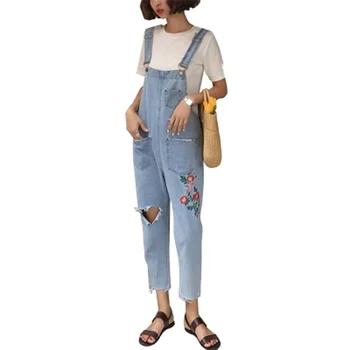 

Flower Embroidery Hole Ripped Washed Overalls Korean Ulzzang Jeans for Girls Summer Light blue Jumpsuit Casual Broken bodysuit