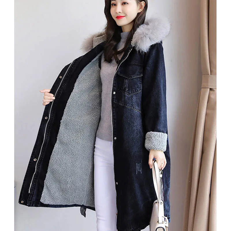 Зимняя джинсовая куртка для женщин с капюшоном, толстая овечья шерсть, Длинные куртки, Женское пальто, корейский стиль, плюс размер, 3XL, модное хлопковое пальто - Цвет: deep blue