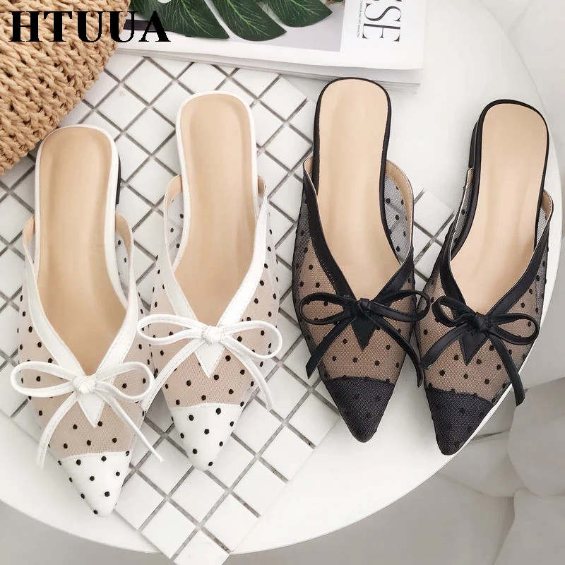 

HTUUA 2019 Summer Women Slippers Flat Heel Mules Shoes Woman Black White Mesh Polk Dot Slides Female Pointed Toe Sandals SX2583